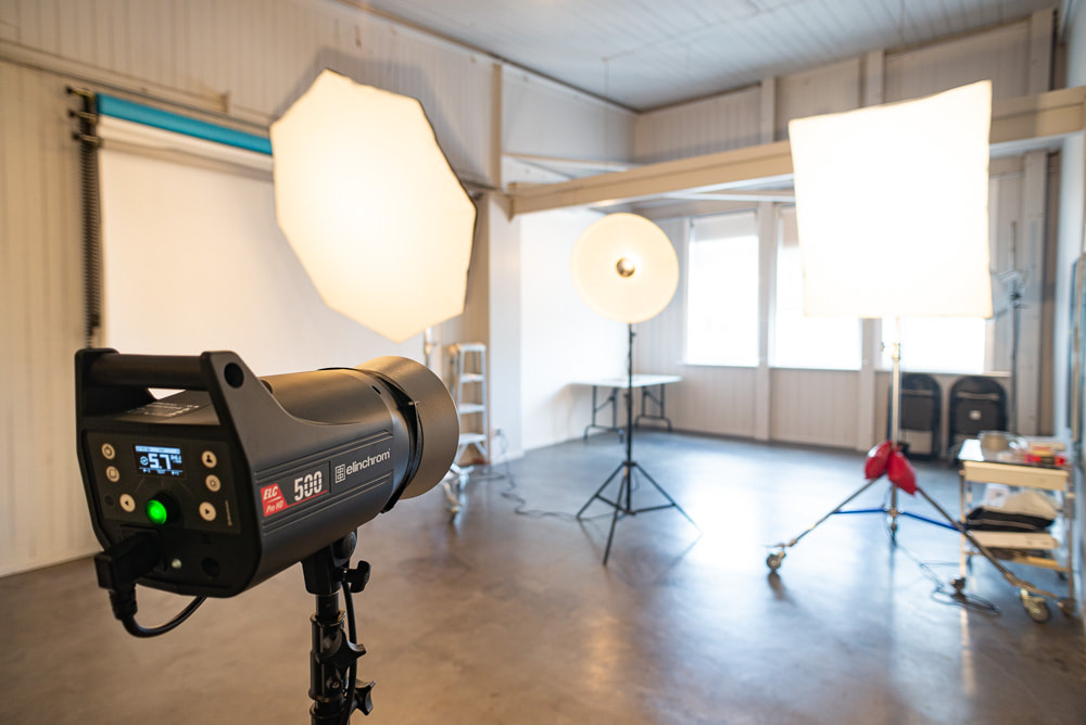 Studio interior with Elinchrom flash units, this Elinchrom equipment and more is included in the standard hire charge, Courtenay Studios, photographic studio hire, Wellington CBD, New Zealand