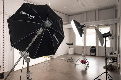 Courtenay Studio interior October 2019 with Elinchrom Pro HD 1000 and 175cm, Wellington photography studio for hire inclding Elinchrom Pro HD flash units and accessories, Courtenay Studios 37 Courtenay Place